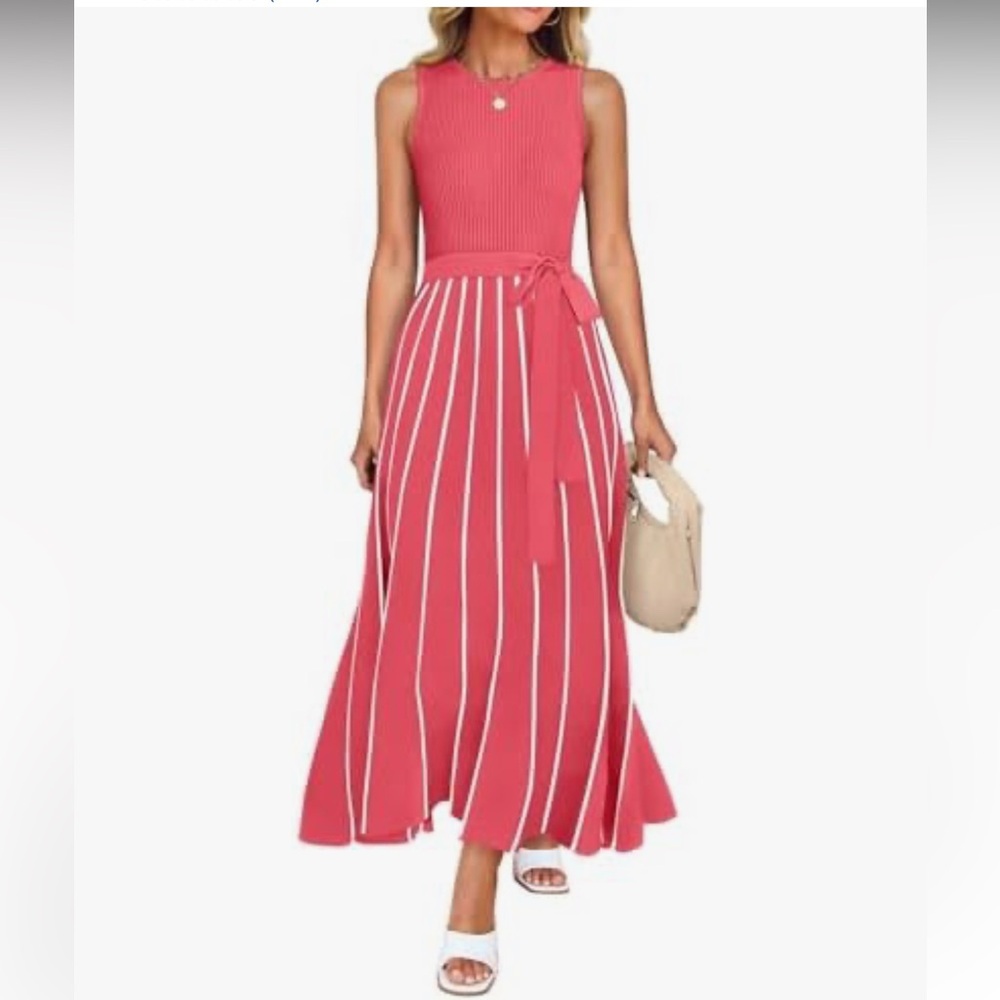 Zesiza Ribbed Knit Midi Dress Coral Pink Belted A-Line Women's M Sleeveless